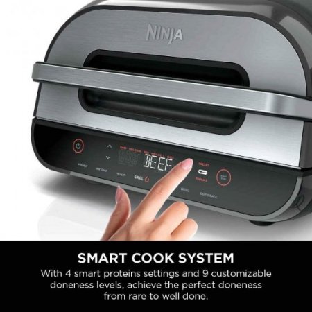 Restored Ninja FG551 Foodi Smart XL 6-in-1 Indoor Grill with 4-Quart Air Fryer Roast Bake Dehydrate Broil and Leave-in Thermometer, Stainless Steel Finish ()