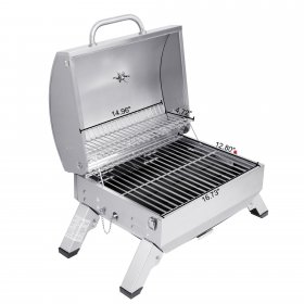 Royal Gourmet GT1001 Stainless Steel Portable Grill, 10,000 BTU BBQ Tabletop Gas Grill with Folding Legs and Lockable Lid, Outdoor Camping, Deck and Tailgating, Silver