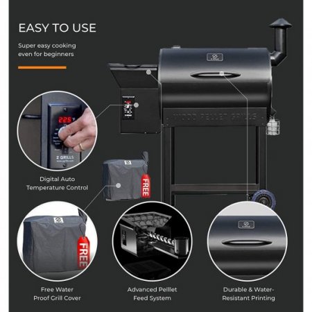 Z Grills 700 sq in Wood Pellet Barbecue Grill and Smoker w/ Wireless Meat Probe Thermometer,Family size Outdoor Cooking 8 in 1 Smart BBQ Grill