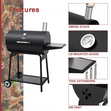 Royal Gourmet 30" CC1830 627 Square inches Barrel Charcoal Grill with Side Table